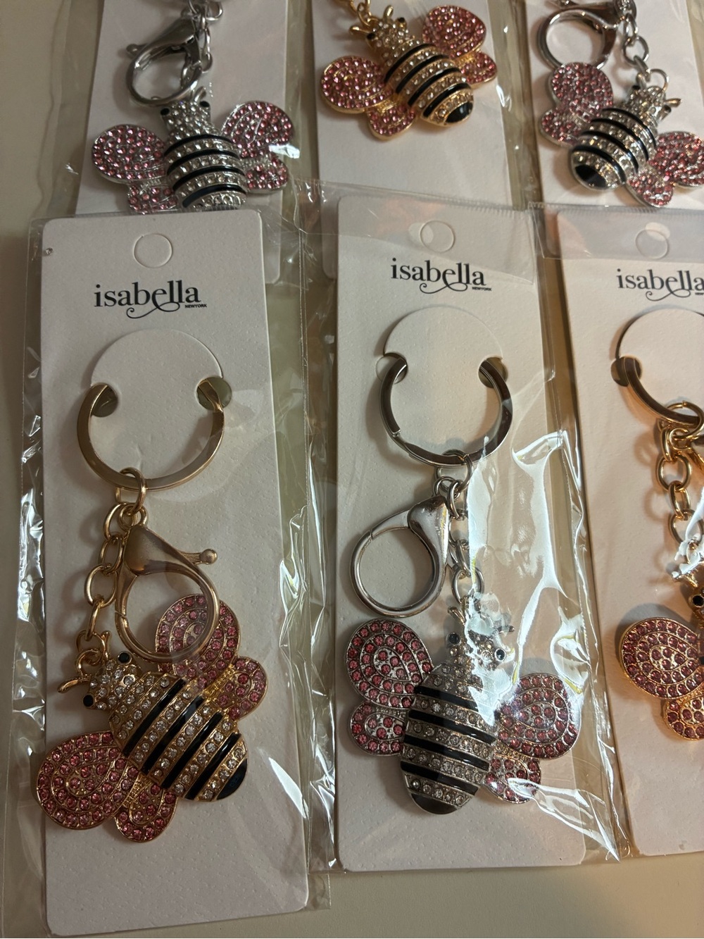 12 Gold & Silver Bee Keychains/ bag charms with Pink Glitter Wings-Bulk bundle - Picture 6 of 7
